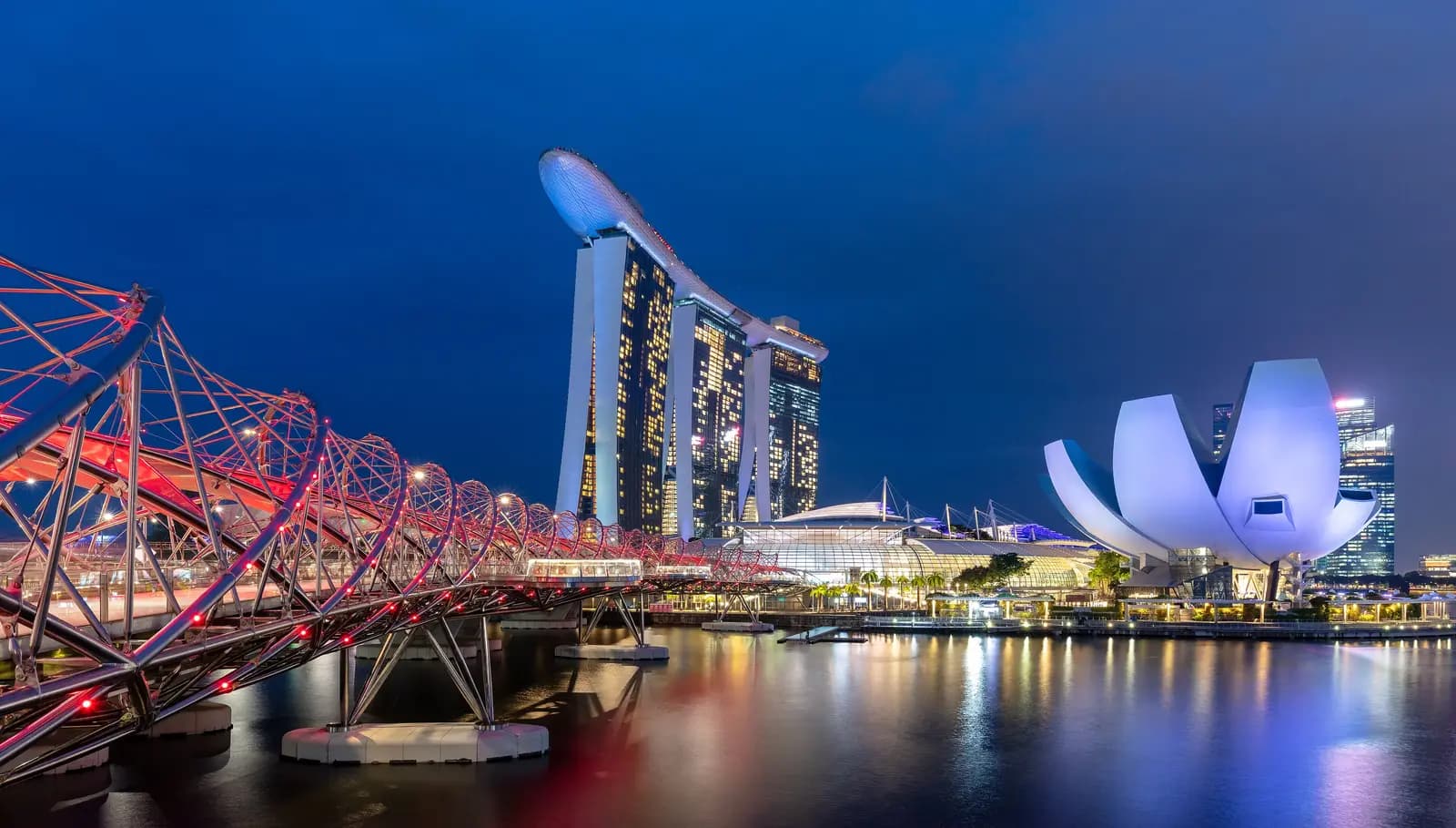 Marina Bay Sands and the Helix Bridge at dusk, Singapore