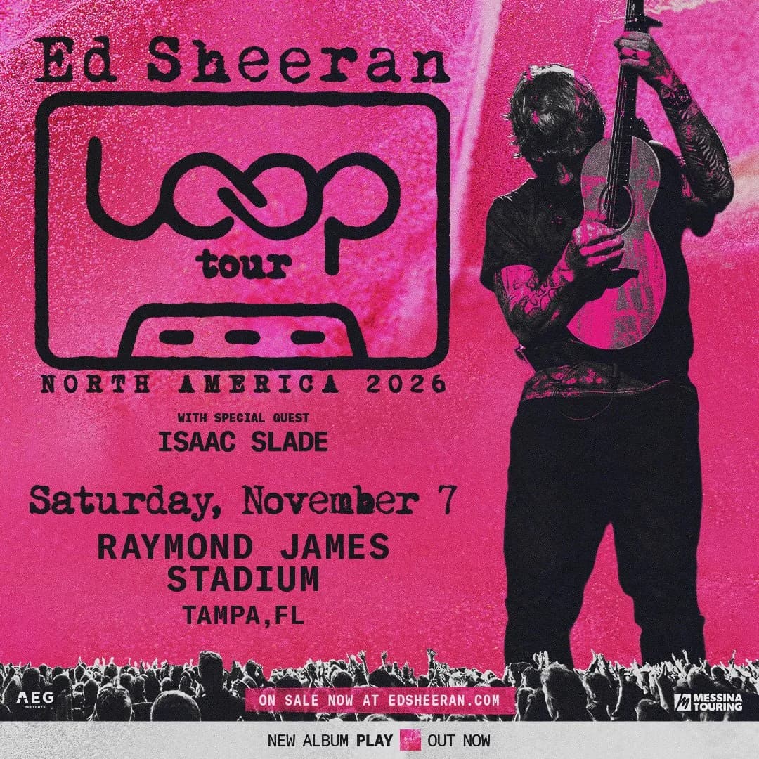 Pink Loop Tour North America 2026 poster: Ed Sheeran holding his guitar, Raymond James Stadium Tampa, November 7
